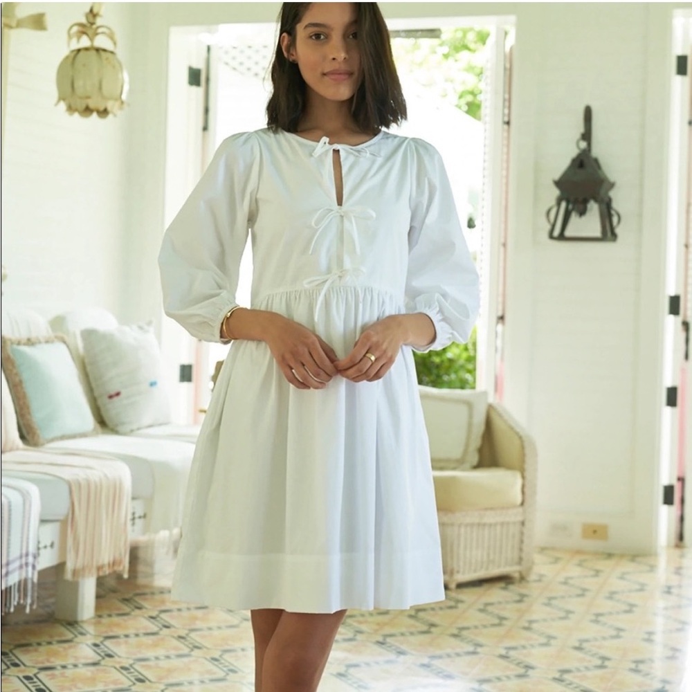 Lake White Poplin Tripple Tie Mini Dress. Size M Babydoll Bridal Ballet Feminine